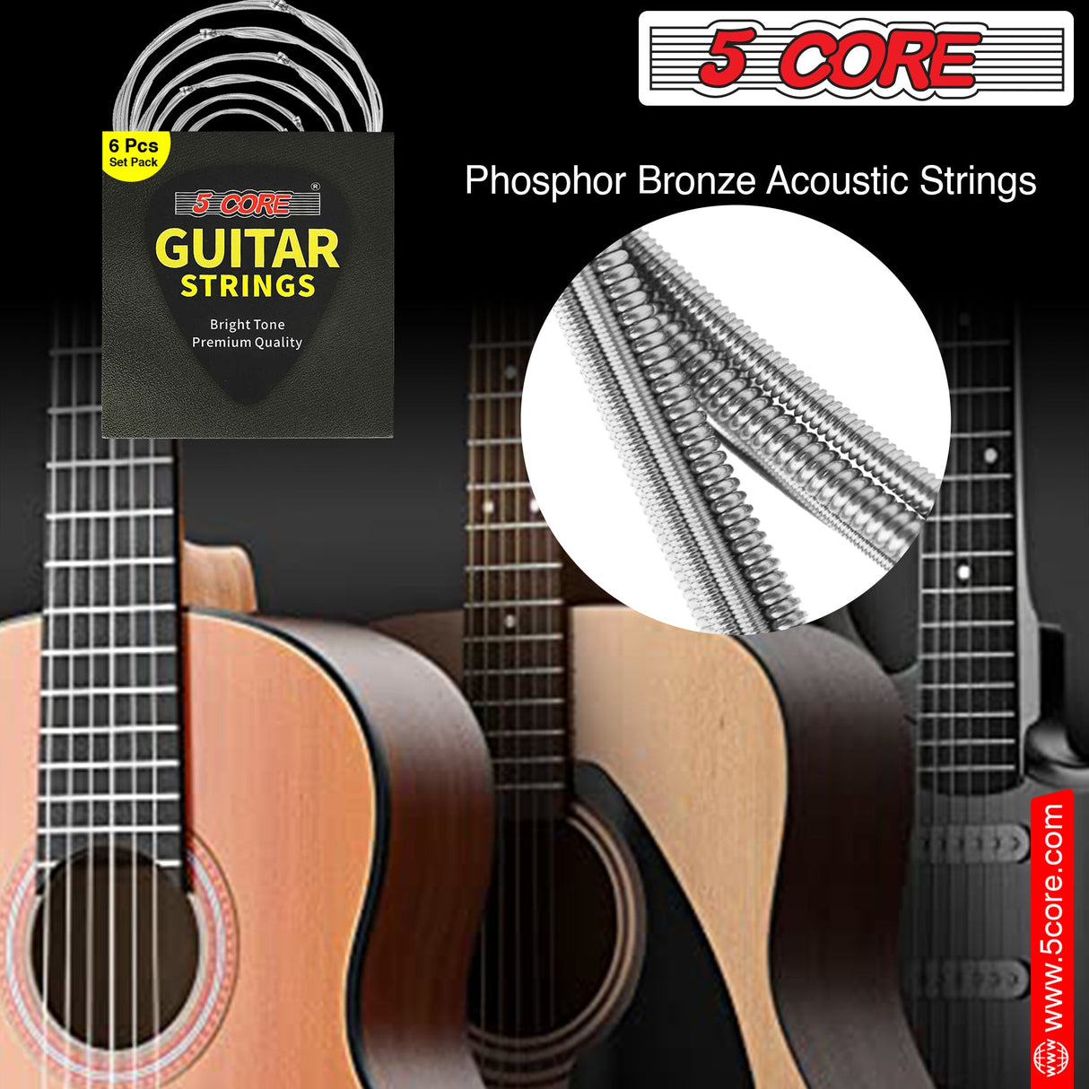 5Core Acoustic Guitar Strings 0.010-0.048 Steel Gauge Heavy Duty w Bright Tone For 6 String Guitars