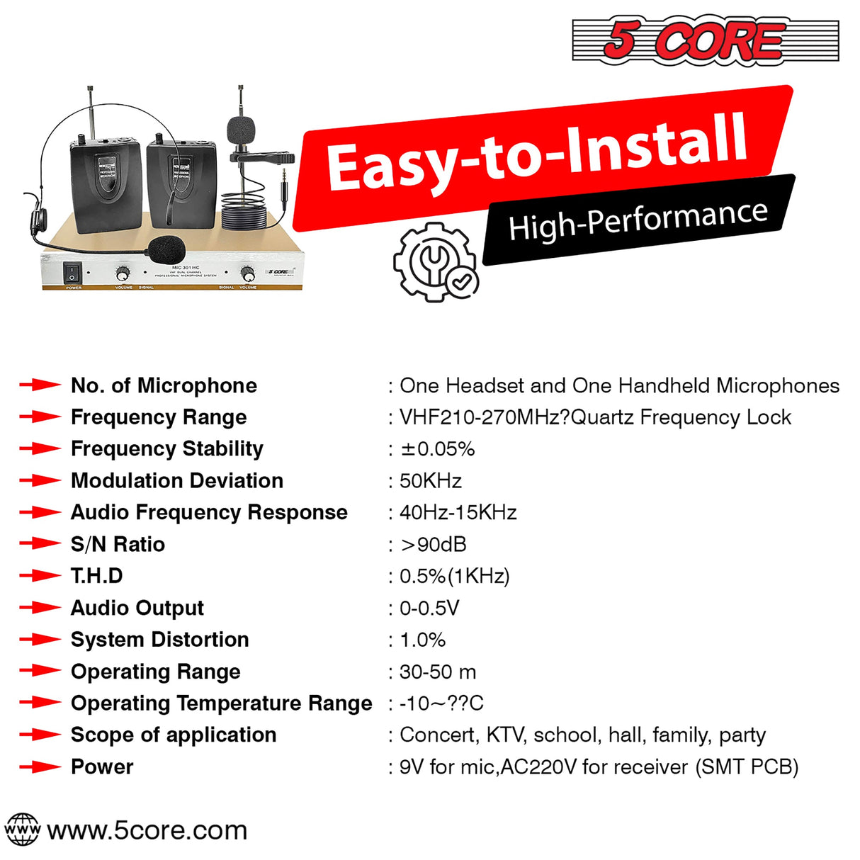 5Core Wireless Microphones w 1 Headset 1 Collar Mic + Receiver Microfono Inalambrico