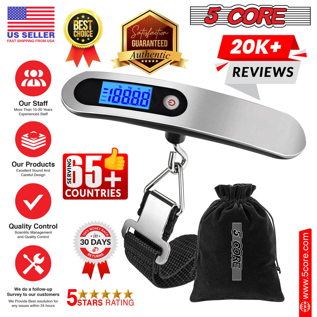 5 Core Digital Luggage Scale Weight Scale Travel Hanging Baggage Weighing Machine