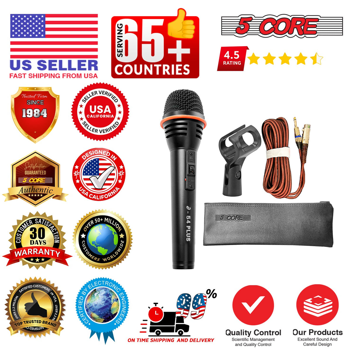 5 Core Microphone 2Pc Dynamic Vocal Handheld Mic Cardioid Singing Karaok Microfono  w On Off Switch