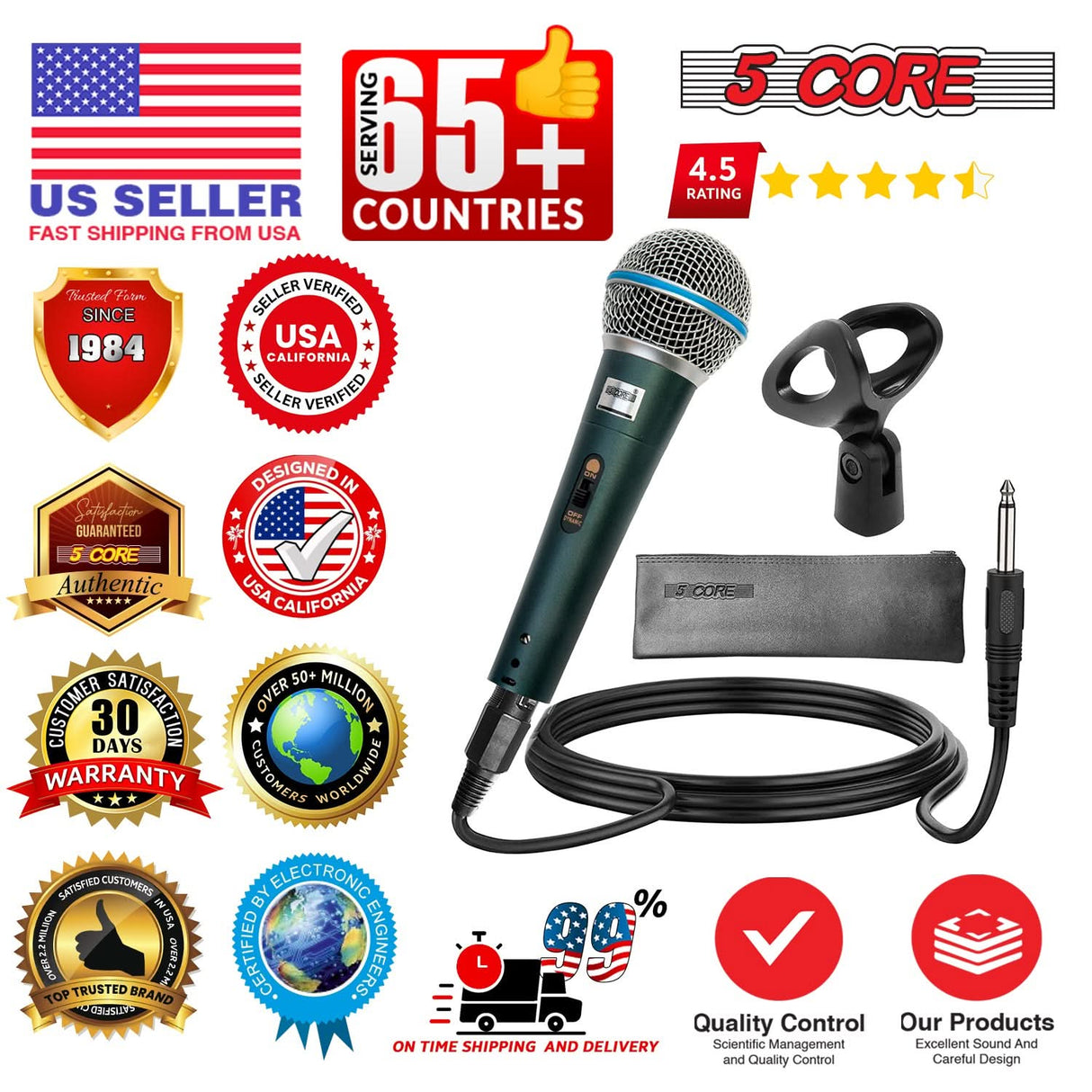 5 Core Microphone Dynamic Karaoke XLR Mic Cardioid Unidirectional Handheld Wired Singing Microfono