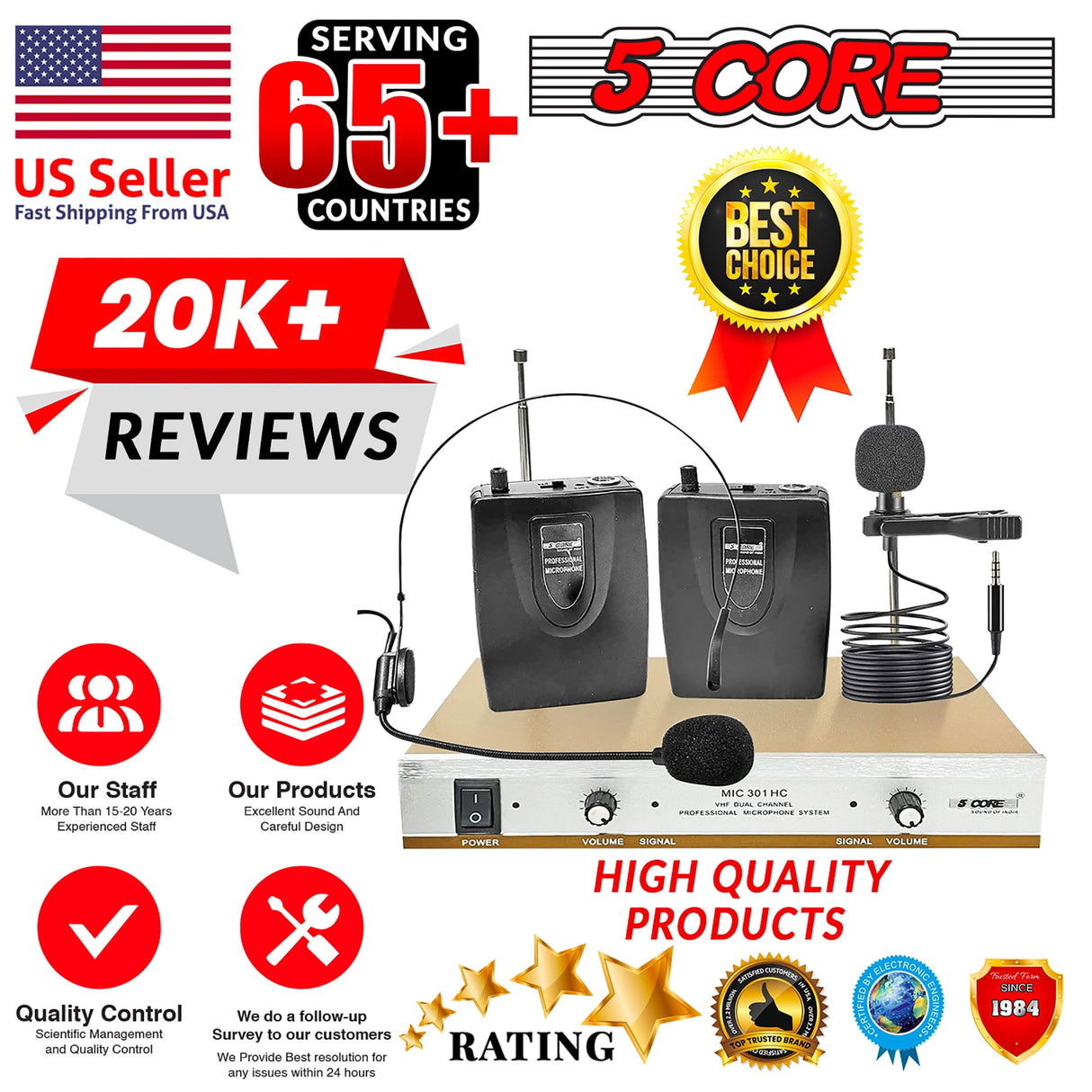 5Core Wireless Microphones w 1 Headset 1 Collar Mic + Receiver Microfono Inalambrico