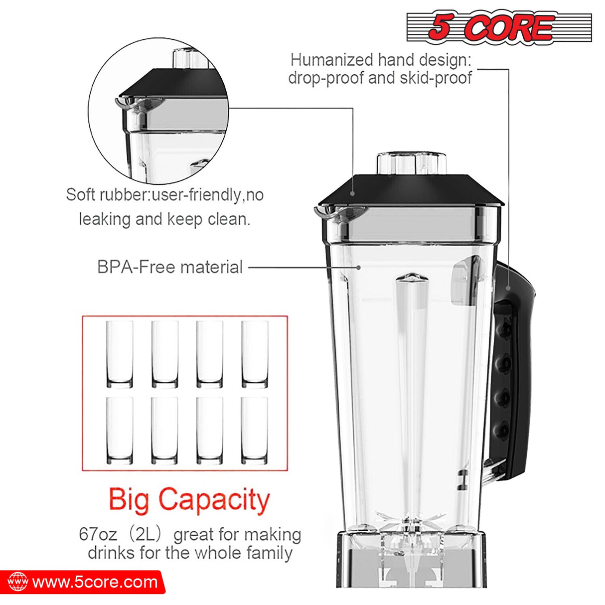 5Core Juicer Blender Machines 2000W Countertop Kitchen Smoothie Maker w 68oz Jar