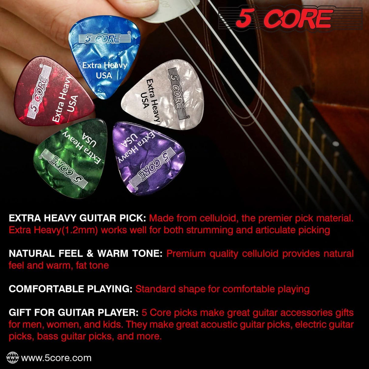 Premium purple 5Core picks for heavy strumming and picking control