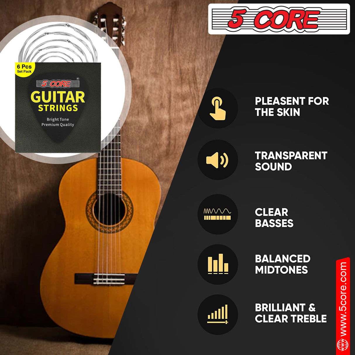 5Core Acoustic Guitar Strings 0.010-0.048 Steel Gauge Heavy Duty w Bright Tone For 6 String Guitars