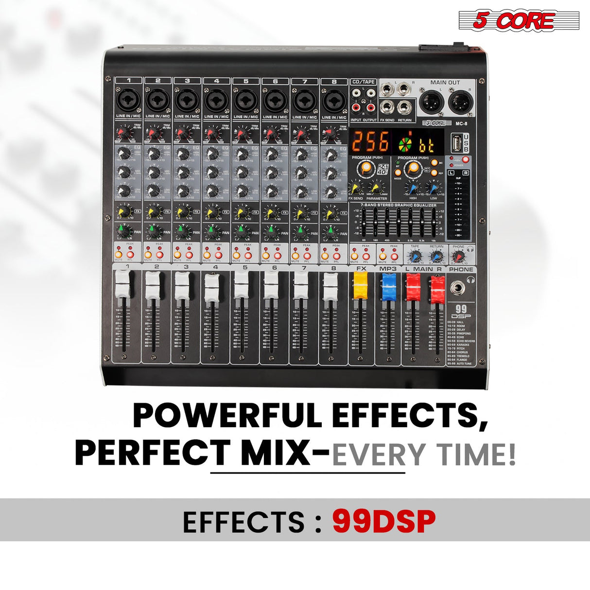 5 Core Audio Mixer 8 Channel DJ Equipment with Bluetooth USB Console Sound Board