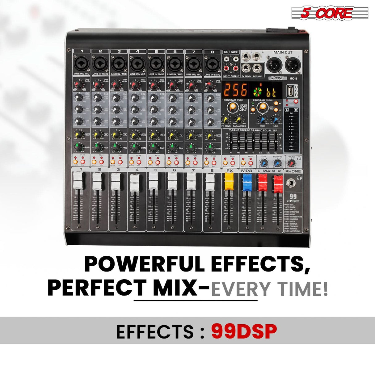 5 Core Audio Mixer 8 Channel DJ Soundboard USB Interface Bluetooth Mixing Console w 99 DSP Effect