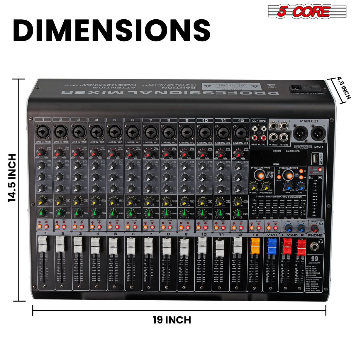5 Core Audio Mixer 12 Channel DJ Soundboard USB Interface Bluetooth Mixing Console w 99 DSP Effect