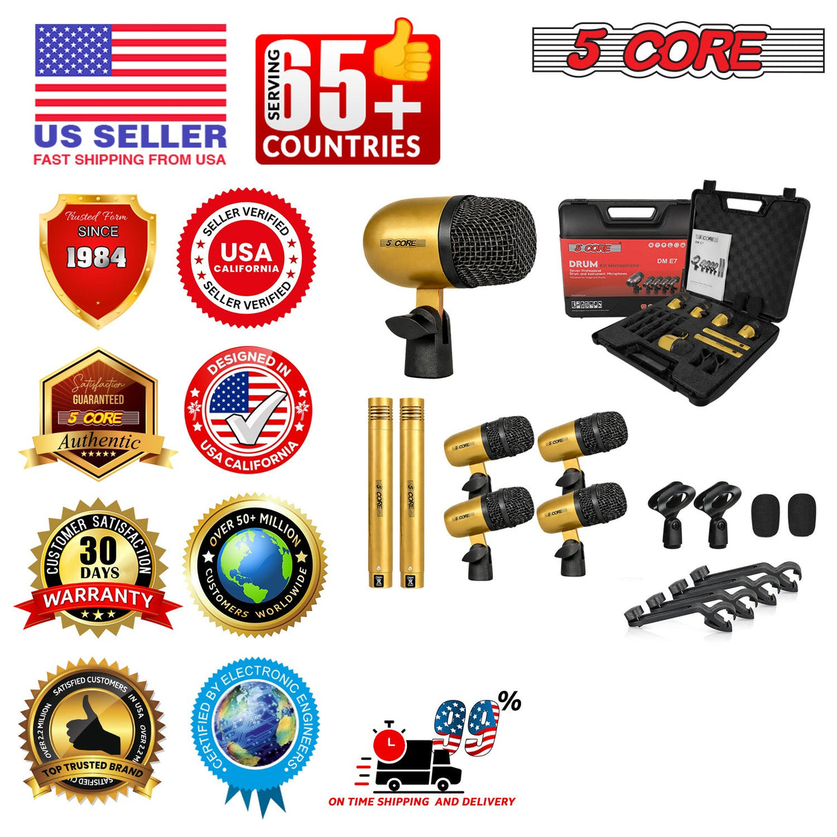 5 Core Drum Microphone Kit 7Pc All Metal Drummer Mics Tom/Snare & Cymbals Wired Instrument Drums Set