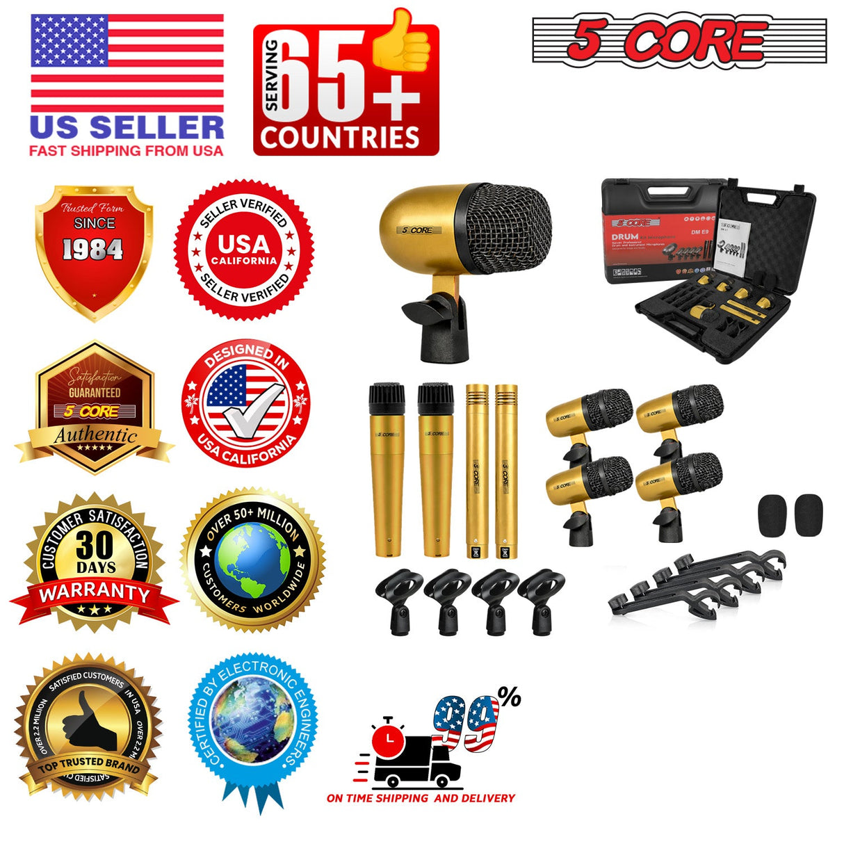 5 Core Drum Microphone Kit 9Pc All Metal Drummer Mics Tom/Snare & Cymbals Wired Instrument Drums Set
