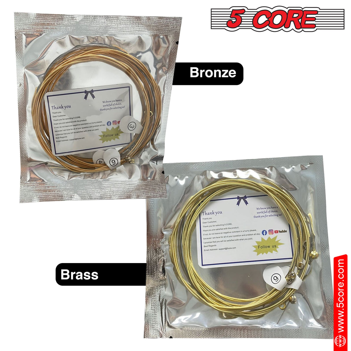 5Core Acoustic Guitar Strings 0.010-0.047 Steel Gauge Heavy Duty w Bright Tone For 6 String Guitars