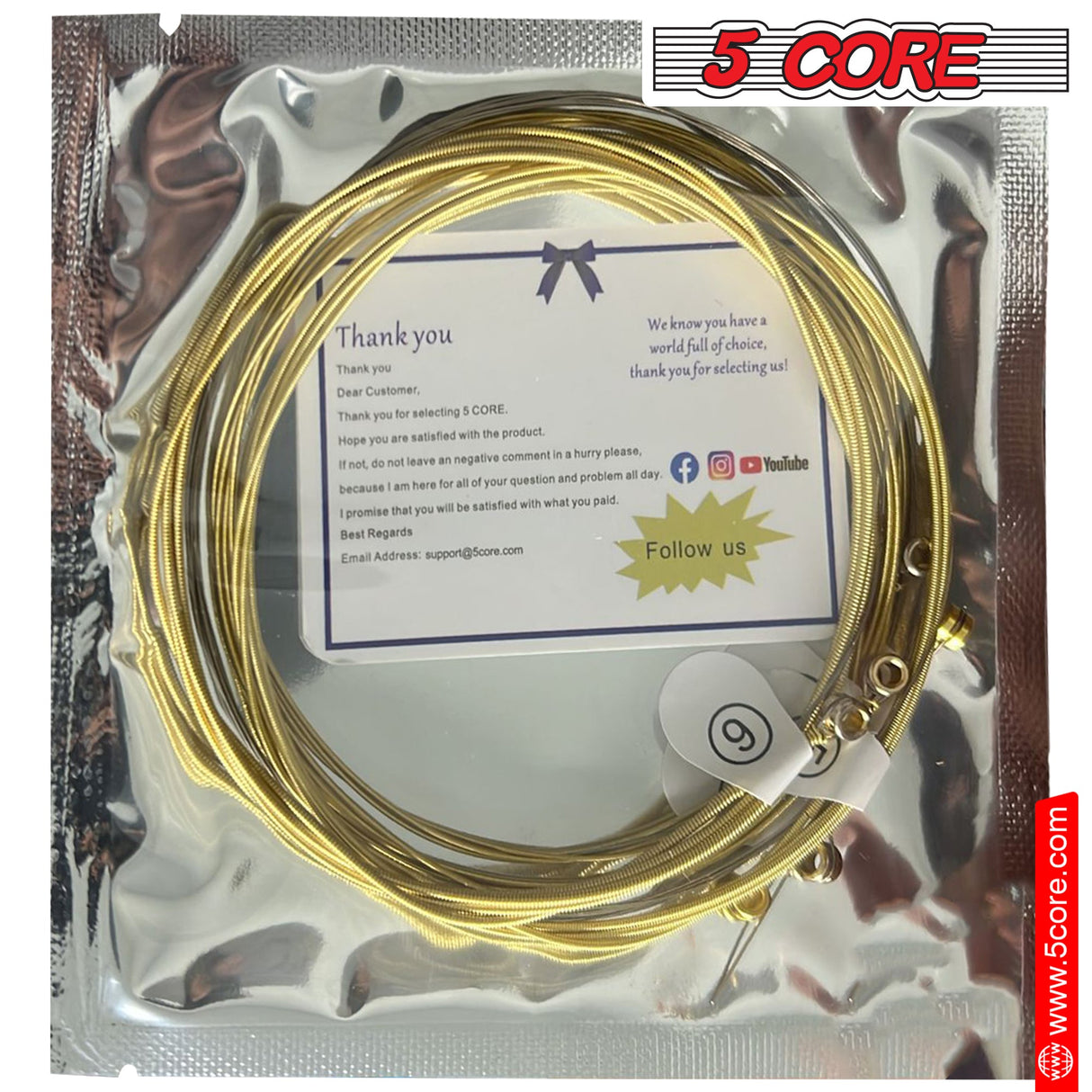 5Core Acoustic Guitar Strings 0.010-0.047 Steel Gauge Heavy Duty w Bright Tone For 6 String Guitars