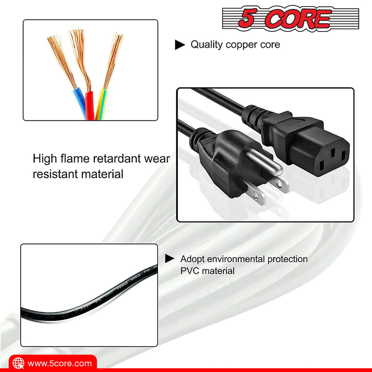 5Core AC Power Cord 6ft length measurement reference view
