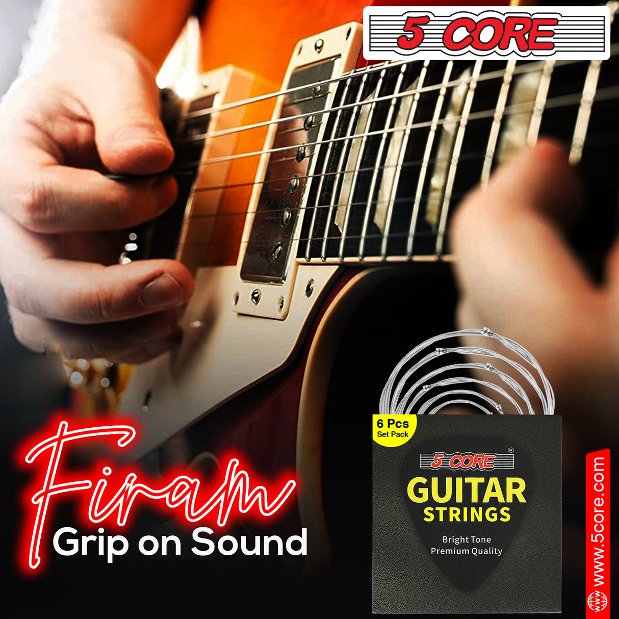 5Core Acoustic Guitar Strings 0.010-0.048 Steel Gauge Heavy Duty w Bright Tone For 6 String Guitars