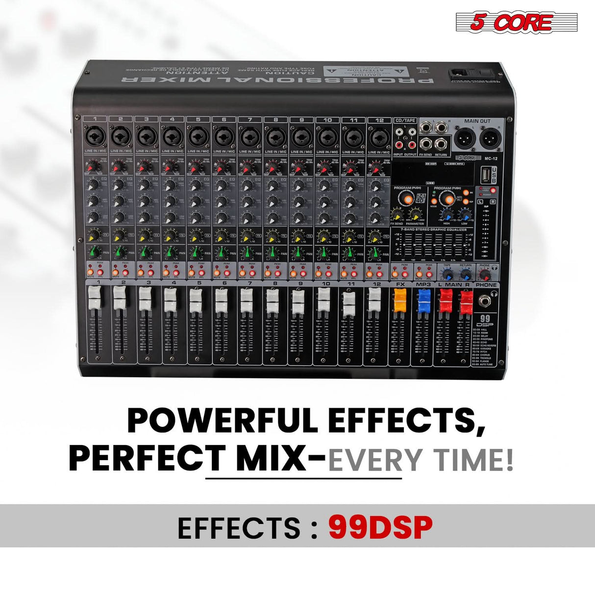 5 Core Audio Mixer 12 Channel DJ Soundboard USB Interface Bluetooth Mixing Console w 99 DSP Effect