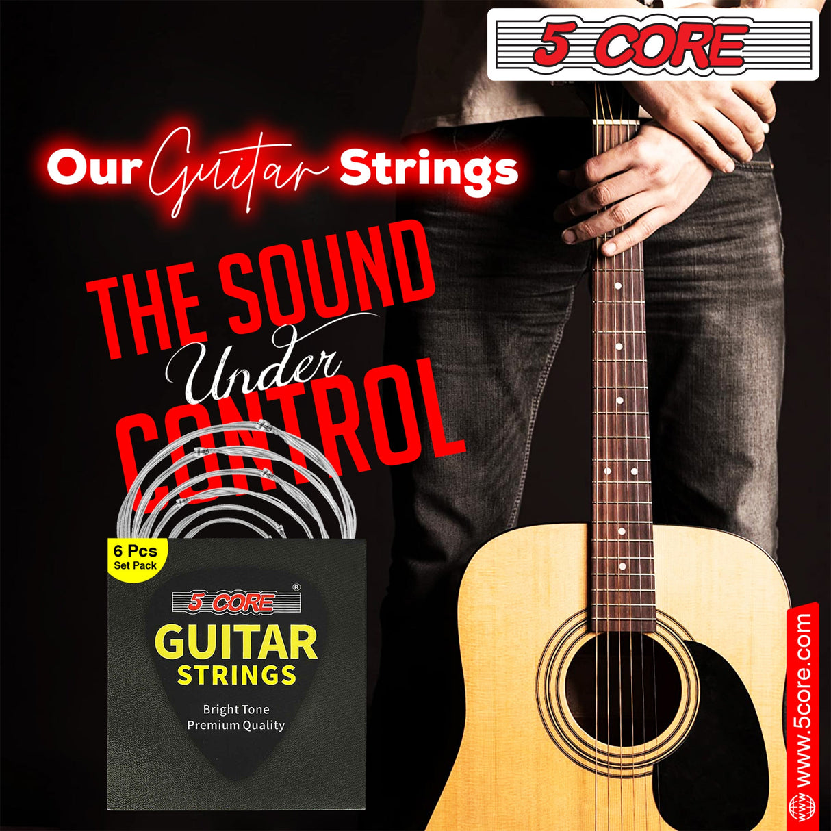 5Core Acoustic Guitar Strings 0.010-0.048 Steel Gauge Heavy Duty w Bright Tone For 6 String Guitars