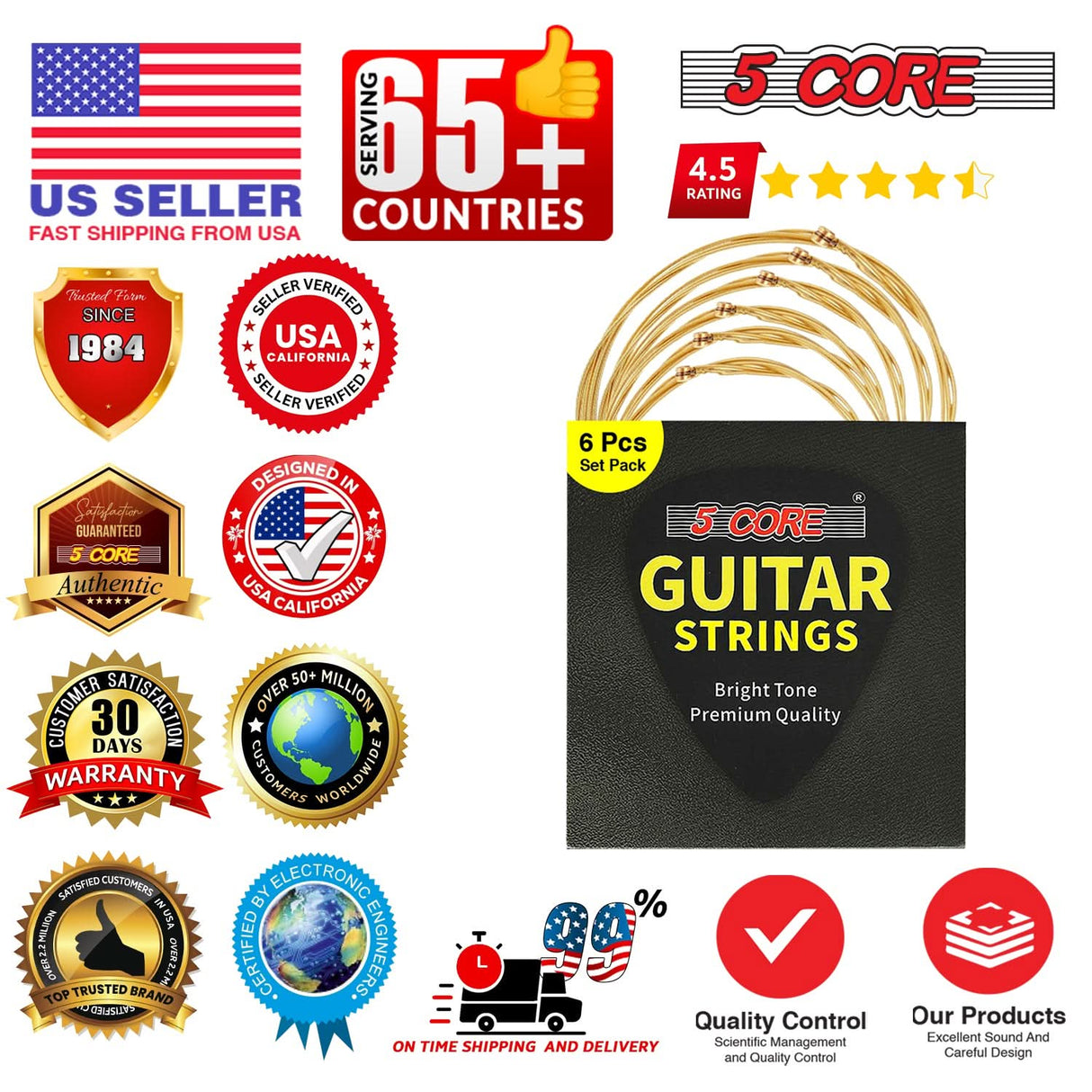 5 Core Acoustic Guitar 6 String Set Light Gauge Steel Carbon Core Bright Powerful Tone Heavy Duty