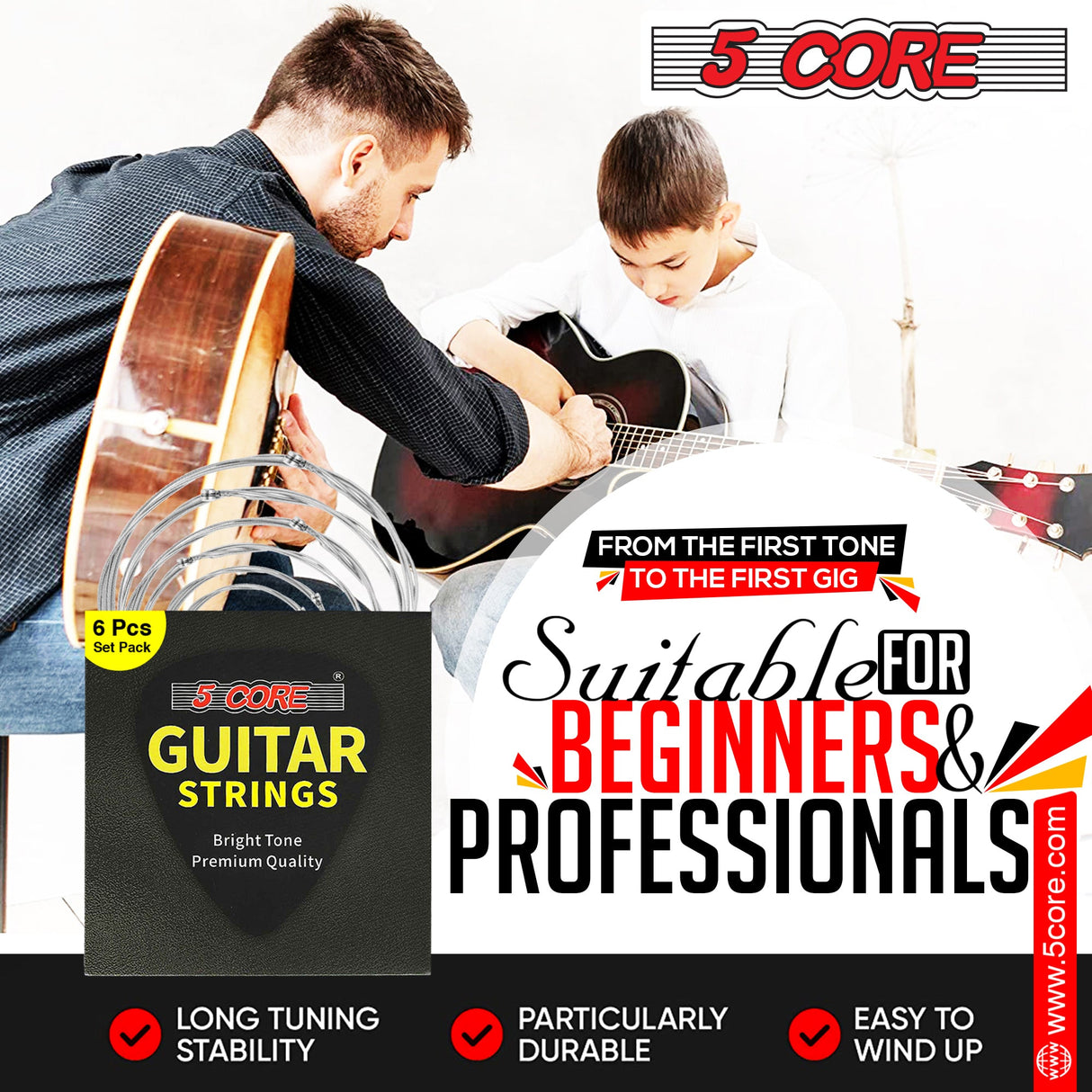 5Core Acoustic Guitar Strings 0.010-0.048 Steel Gauge Heavy Duty w Bright Tone For 6 String Guitars