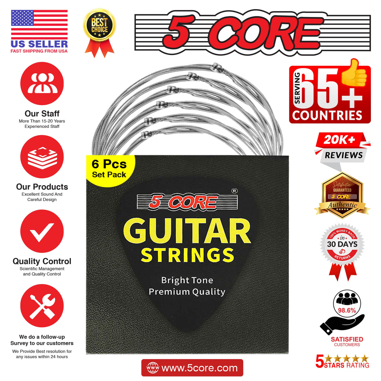 5Core Electric Guitar Strings Nickel 0.009-.042 Gauge w Bright Tone for 6 String Guitars