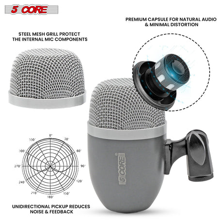 5Core Tom Snare Mic Cardioid Dynamic Microphone for Drum Kit Percussion Instrument GREY