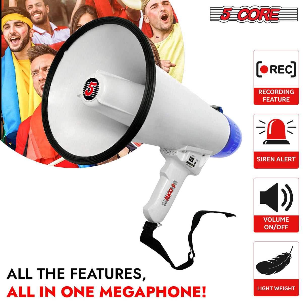 5Core Megaphone Bullhorn Speaker 20W Bull Horn Battery Power Cheer Megafono Loudspeaker USB