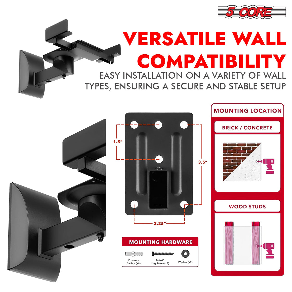 5Core Speaker Wall Mount Adjustable Swivel 11 Inch Space Bookshelf Brackets Pair