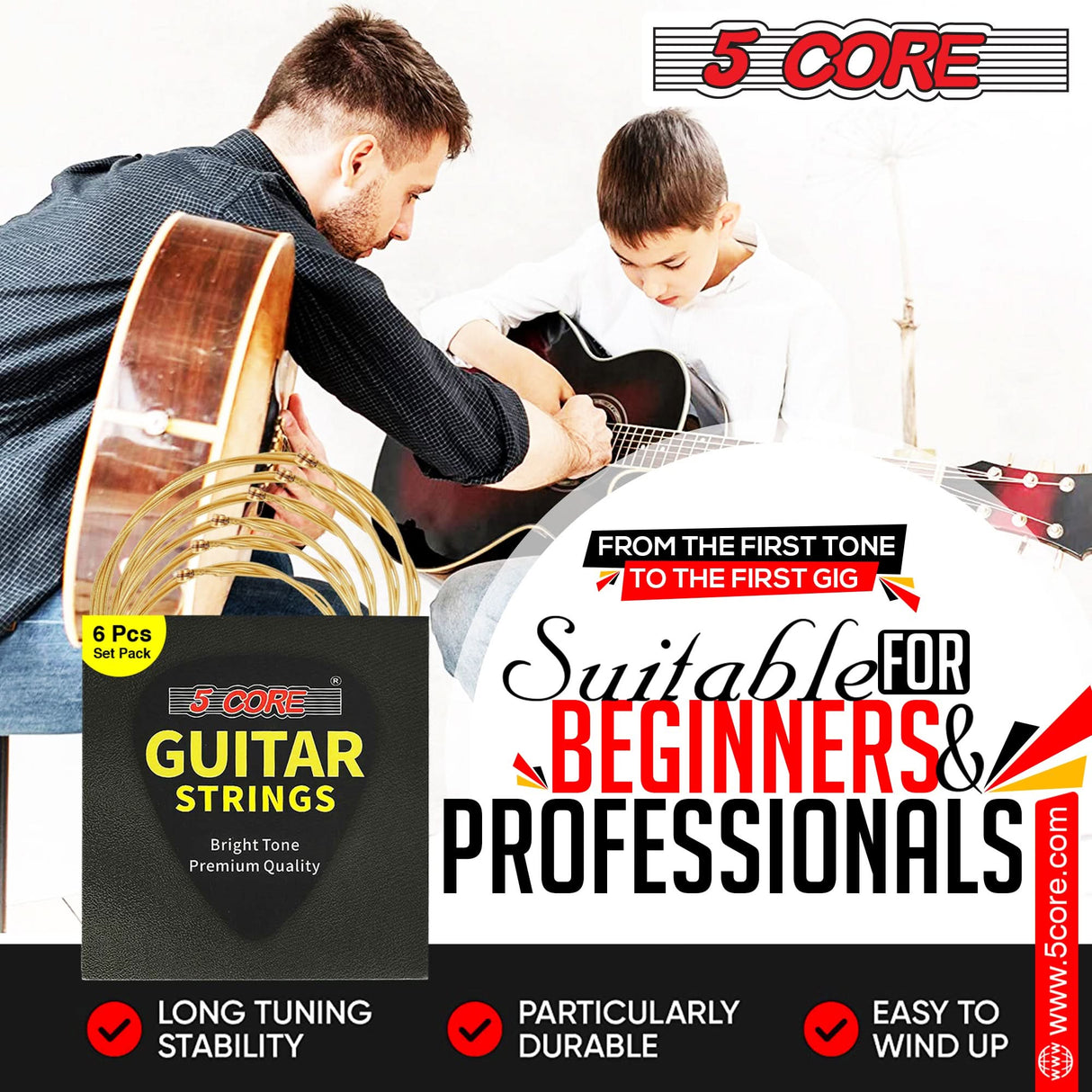 5 Core Acoustic Guitar 6 String Set Light Gauge Steel Carbon Core Bright Powerful Tone Heavy Duty