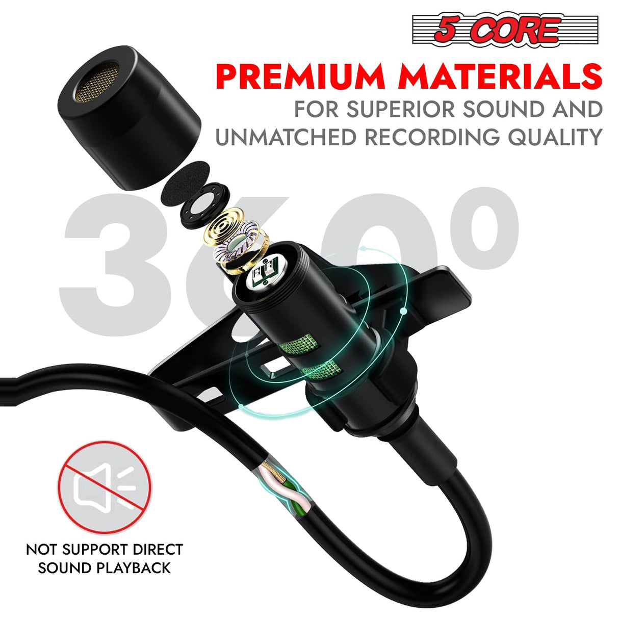 5Core Lavalier Microphone Clip On Professional Grade 3.5mm Lapel Mic Omnidirectional Lav Mic