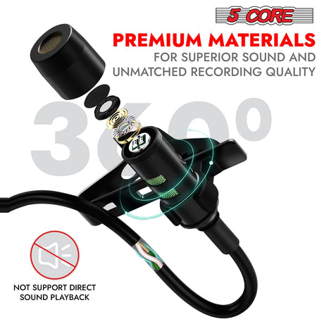 5Core Lavalier Microphone Clip On Professional Grade 3.5mm Lapel Mic Omnidirectional Lav Mic