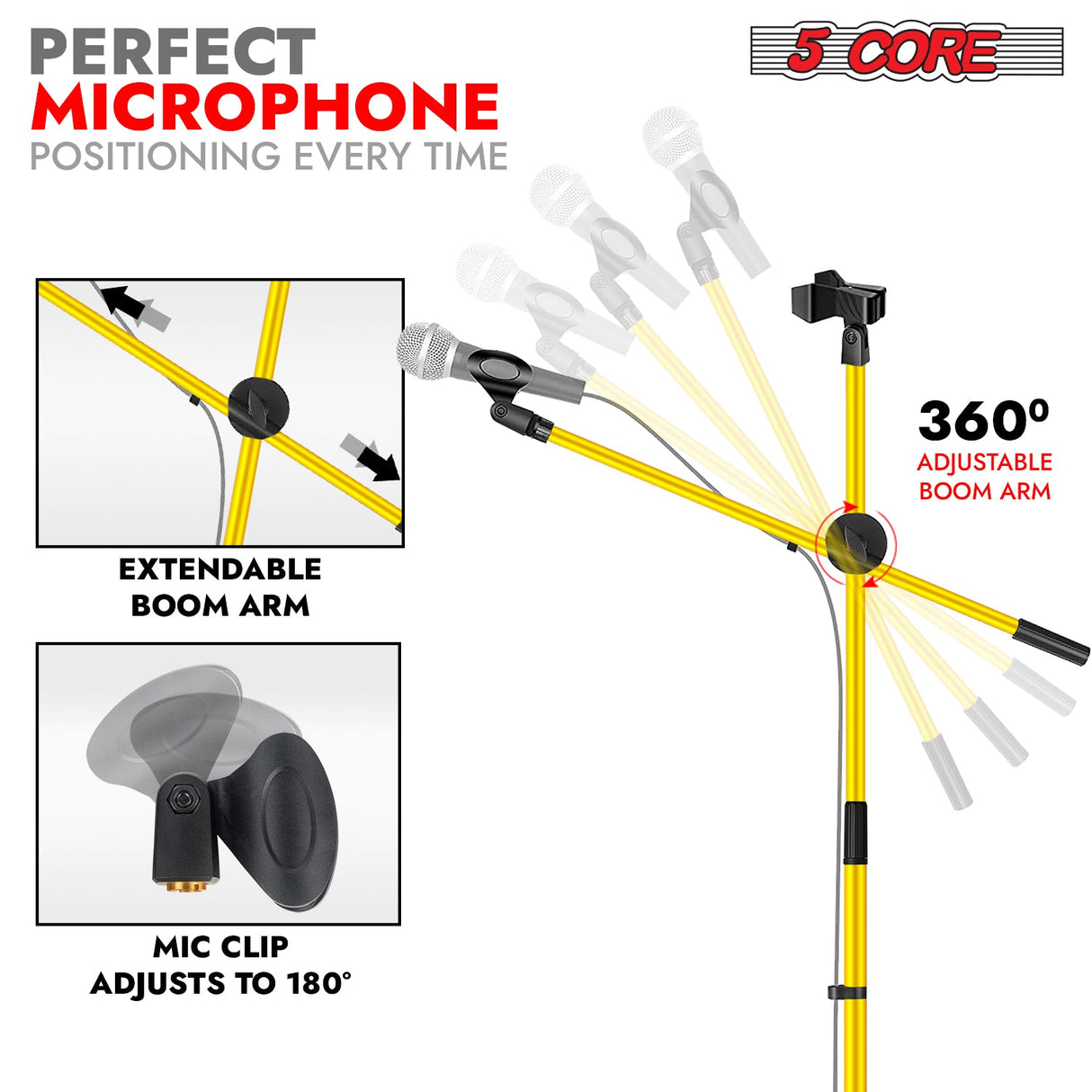 5Core Tripod Mic Stand Adjustable Heavy Duty Floor Holder Microphone Boom Arm YELLOW