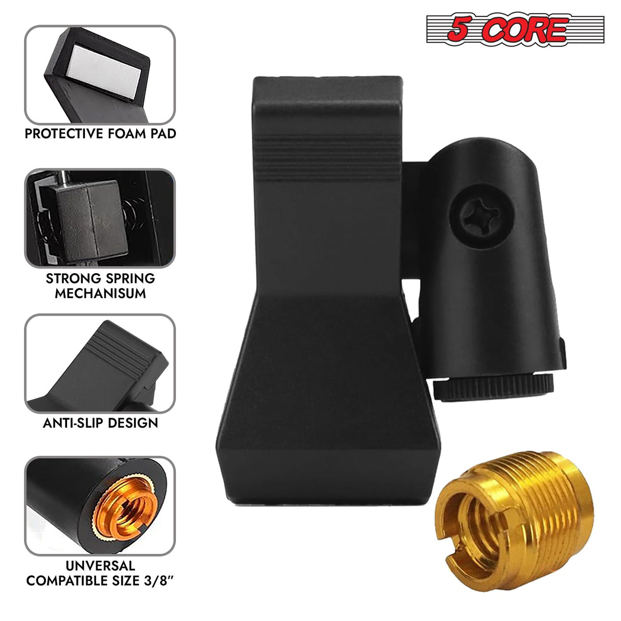 5 Core Microphone Clip Holder 2 Pieces with Screw Adapters 5/8 to 3/8 Inch