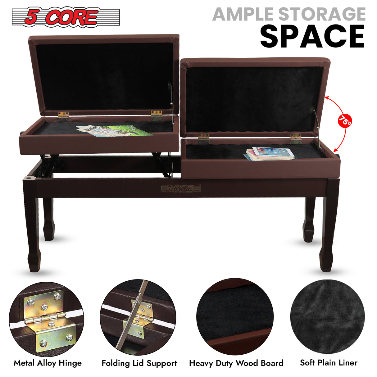 5 Core Duet Piano Bench 3.5 Inch Padded Cushioned Stool Wooden Heavy Duty Musician Chair w Storage