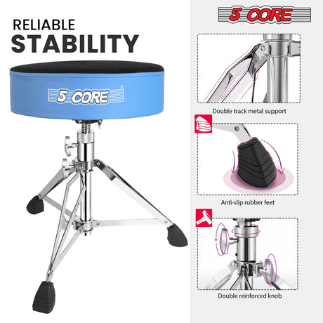 5Core Drum Throne Padded Guitar Stool Swivel Adjustable Drummer Seat Music Chair BLUE VELVET