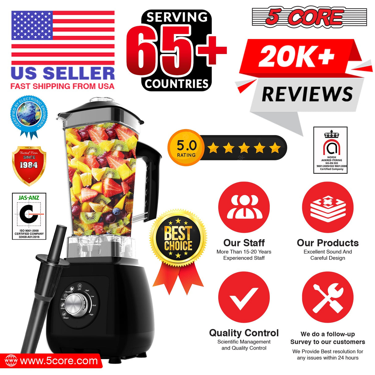 5Core Juicer Blender Machines 2000W Countertop Kitchen Smoothie Maker w 68oz Jar