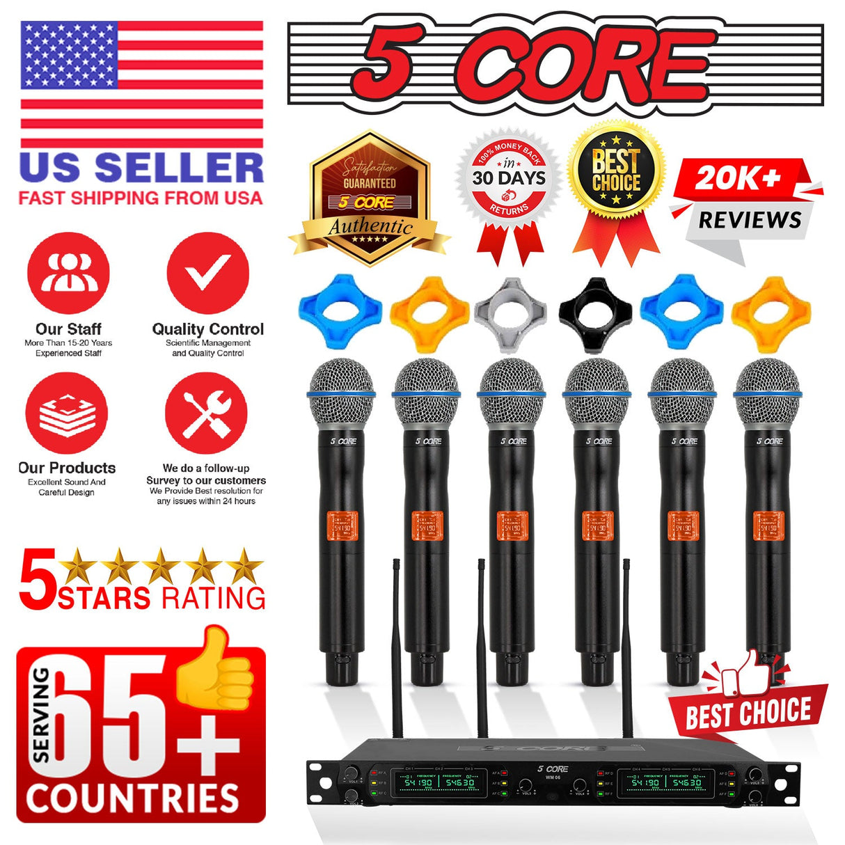 5 Core Wireless Microphone System 6 Channel UHF Portable Receiver w 6 Cordless Dynamic Mic 492F Range