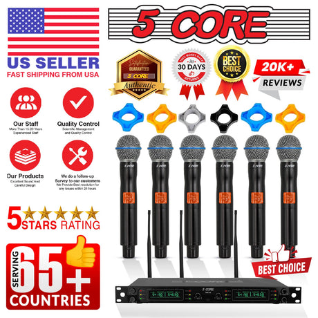 5 Core Wireless Microphone System 6 Channel UHF Portable Receiver w 6 Cordless Dynamic Mic 492F Range
