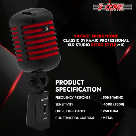 5Core Vintage Microphone Classic Dynamic Professional XLR Studio Retro Style Mic BLACK RED