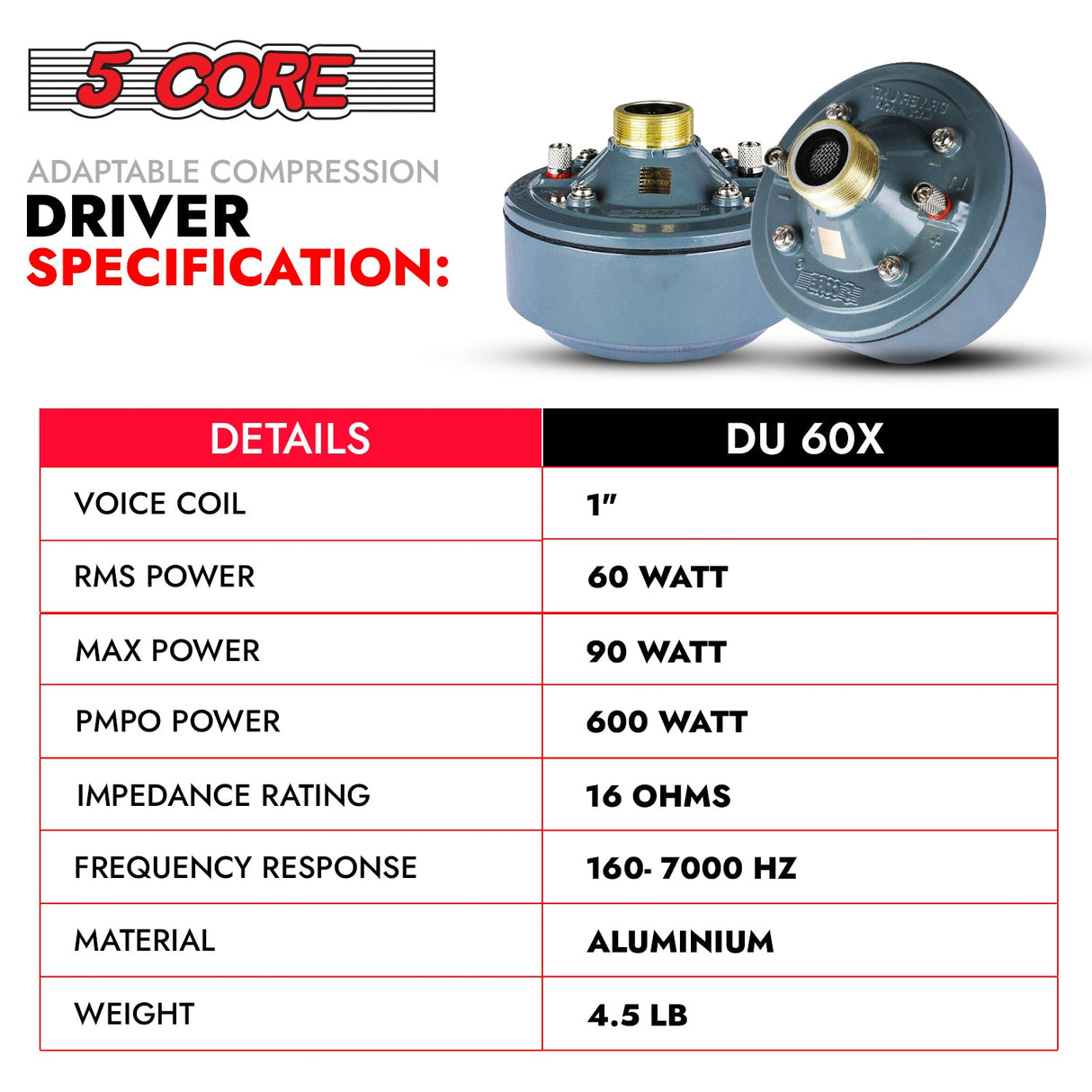5 Core Compression Driver 600W Peak Aluminium Tweeter Diaphragm 16 Ohm Throat Twist Horn Speaker