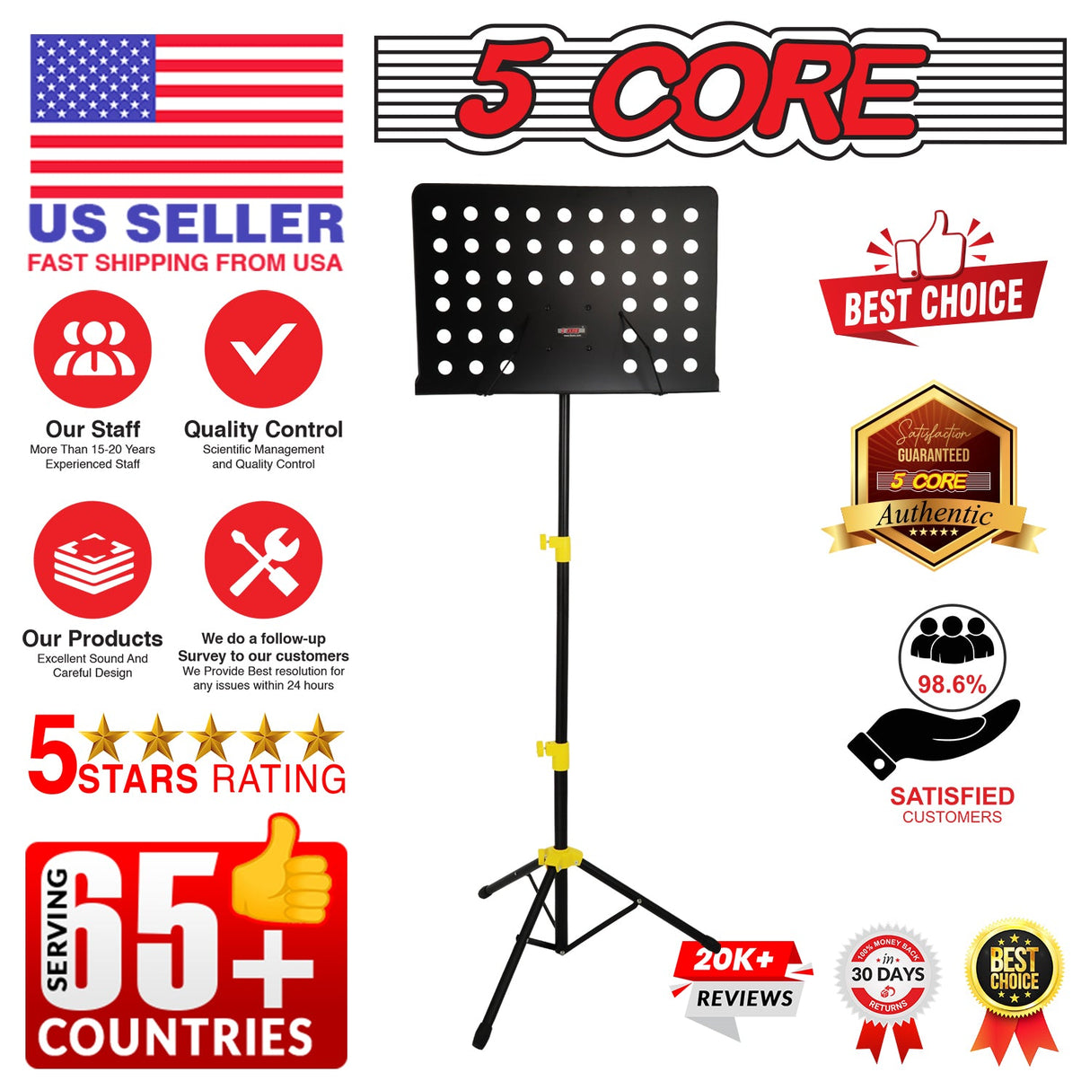 5Core Music Stand For Sheet Music Portable Tripod Adjustable Folding Note Holder Yellow