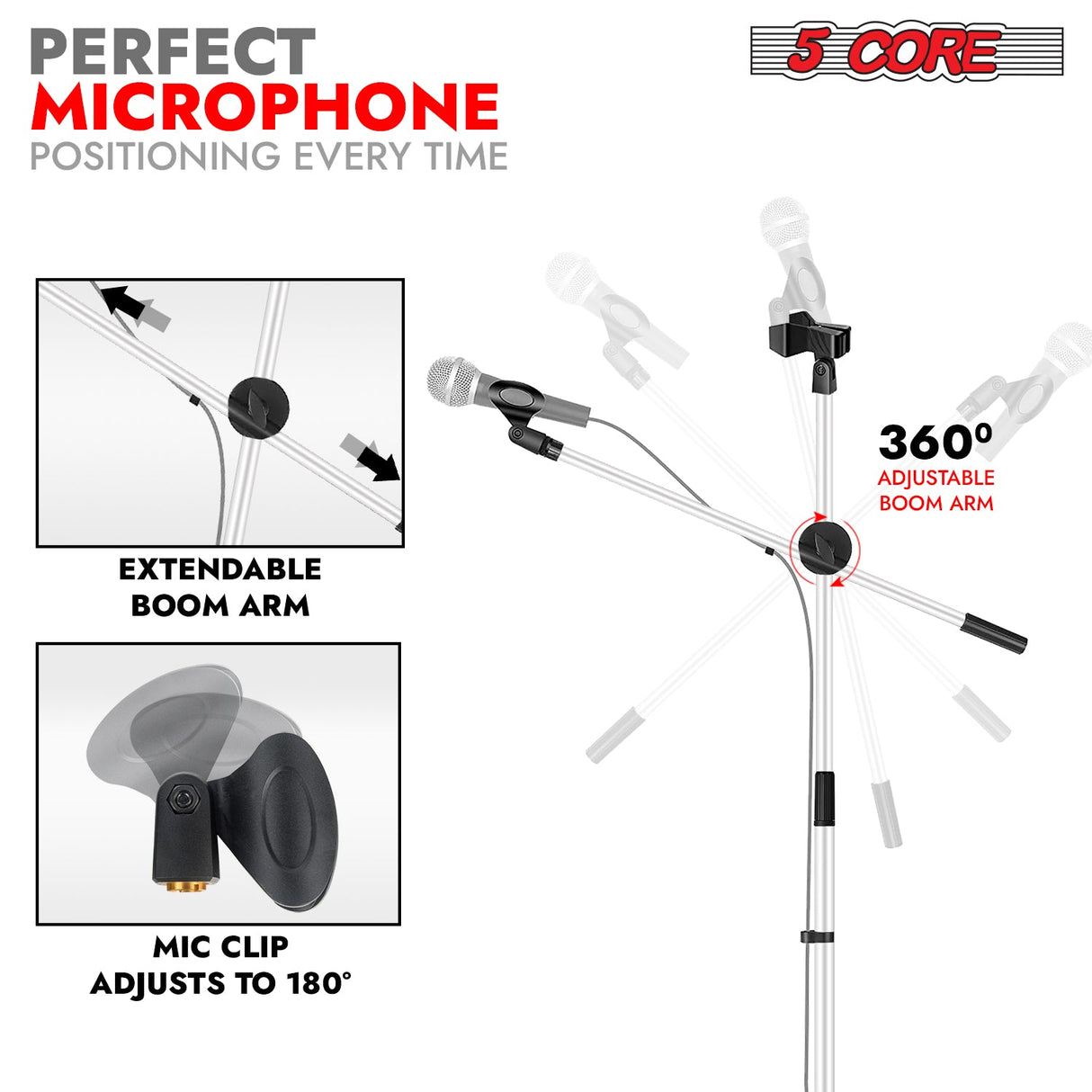 5Core Tripod Mic Stand Adjustable Heavy Duty Floor Holder Microphone Boom Arm WHITE