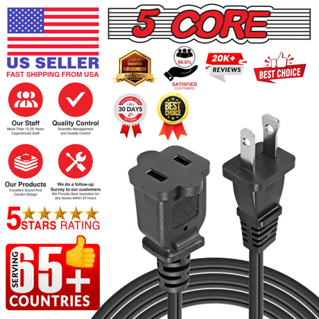 5Core AC Power Cord 10 Ft US Polarized Male to Female 2 Prong Extension Adapter Cords 16AWG 125V 1 PIECE
