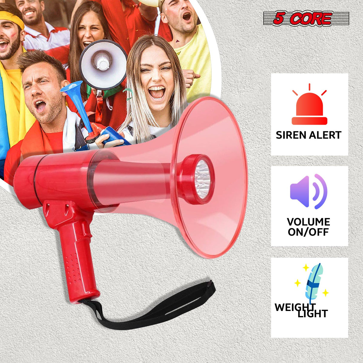 5Core Megaphone Bullhorn Speaker w Siren LED Light Adjustable Volume Bull Horn RED