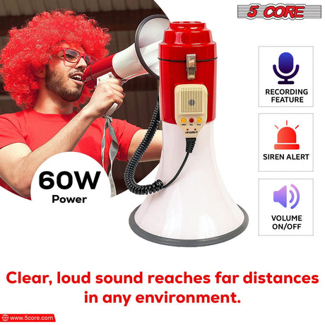 5 Core Megaphone 60W Bull Horn Professional PA Speaker w 1200 Yards Range Loud Siren Voice Amp