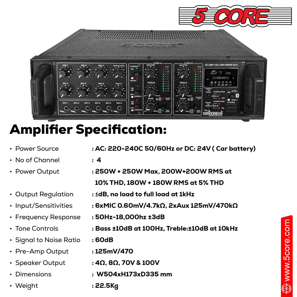 5Core Amp 500W Amplifier Home Audio PA Bass DJ Stereo Receiver Rack Mount Passive Speaker Amplificador