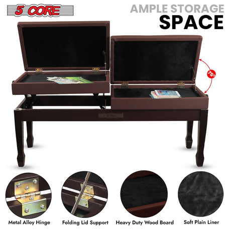 5 Core Duet Piano Bench 3.5 Inch Padded Cushioned Stool Wooden Heavy Duty Musician Chair w Storage