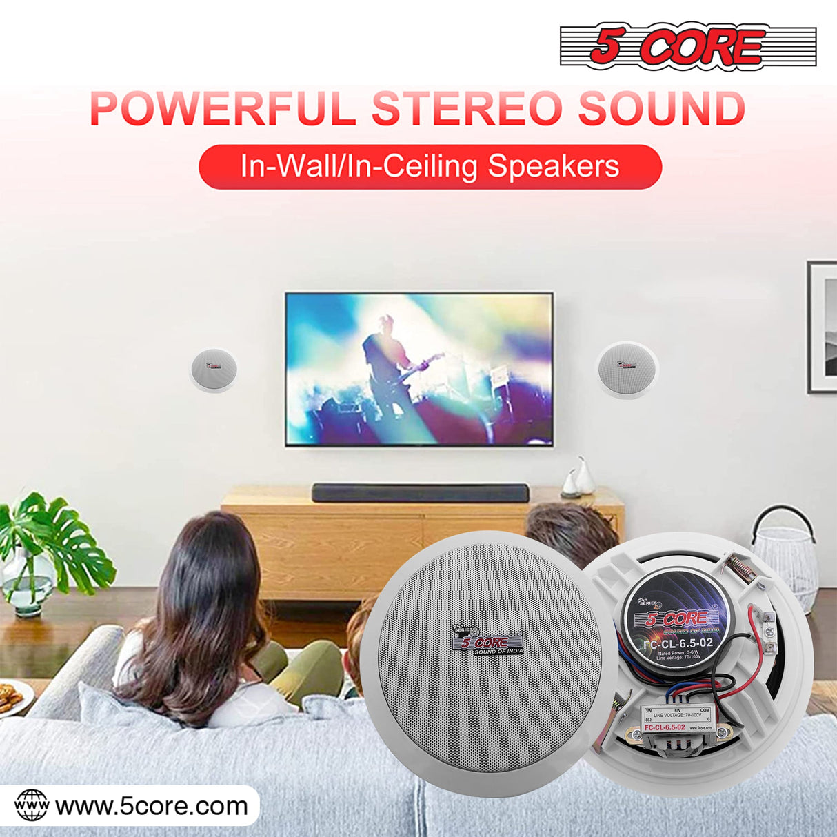 5Core Ceiling Speaker 6.5 Inch In Wall 2 Way Home Audio Mount 60W Sound System