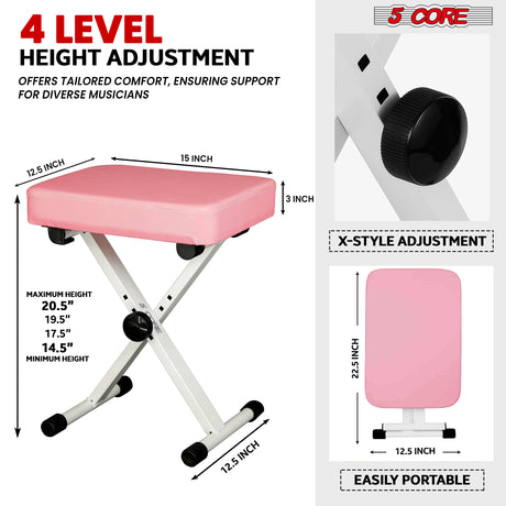 5 Core Keyboard Bench 3 Inch Padded Piano Stool Adjustable 20.5" Guitar Seat Heavy Duty Portable