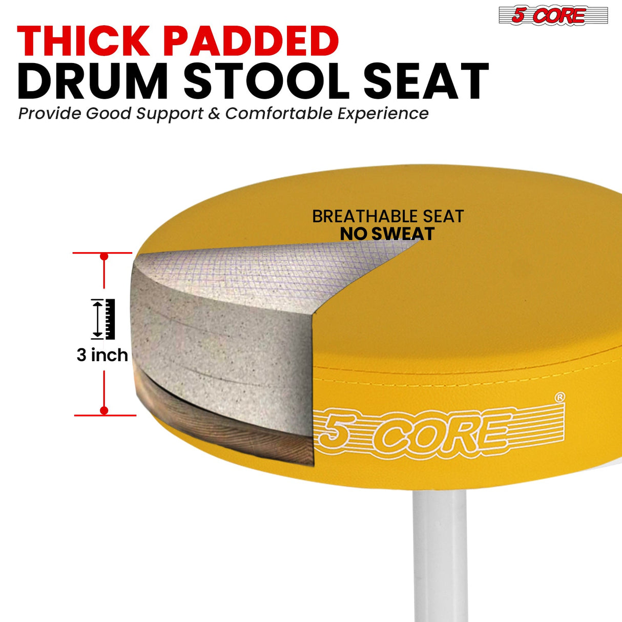 5Core Drum Throne Adjustable Guitar Stool 3" Padded Drummer Seat for Adults & Kids