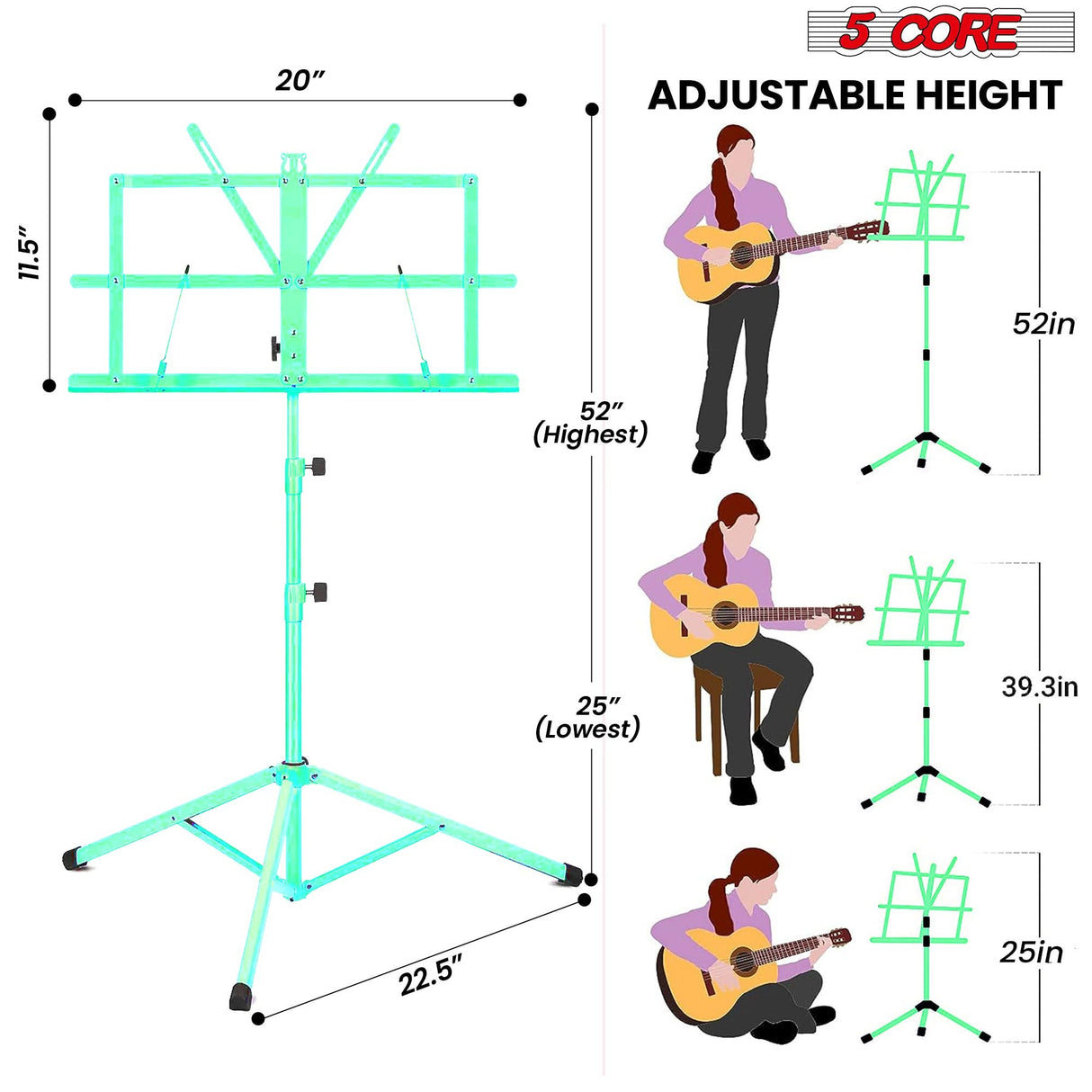 5Core music stand for sheet music portable tripod adjustable folding note holder GREEN