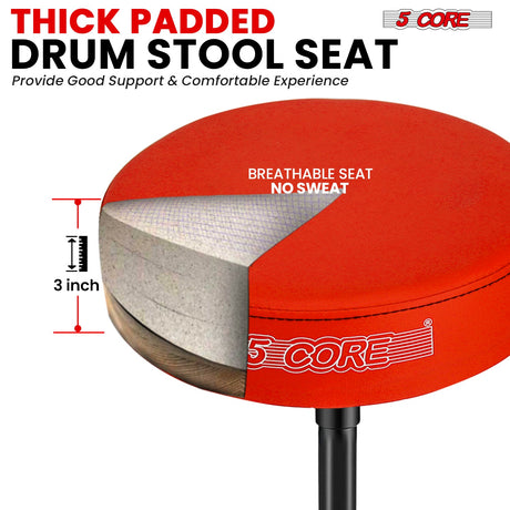 5 Core Drum Throne 3" Thick Padded Memory Foam Comfortable Drummer Stool 330Lb Capacity Adjustable